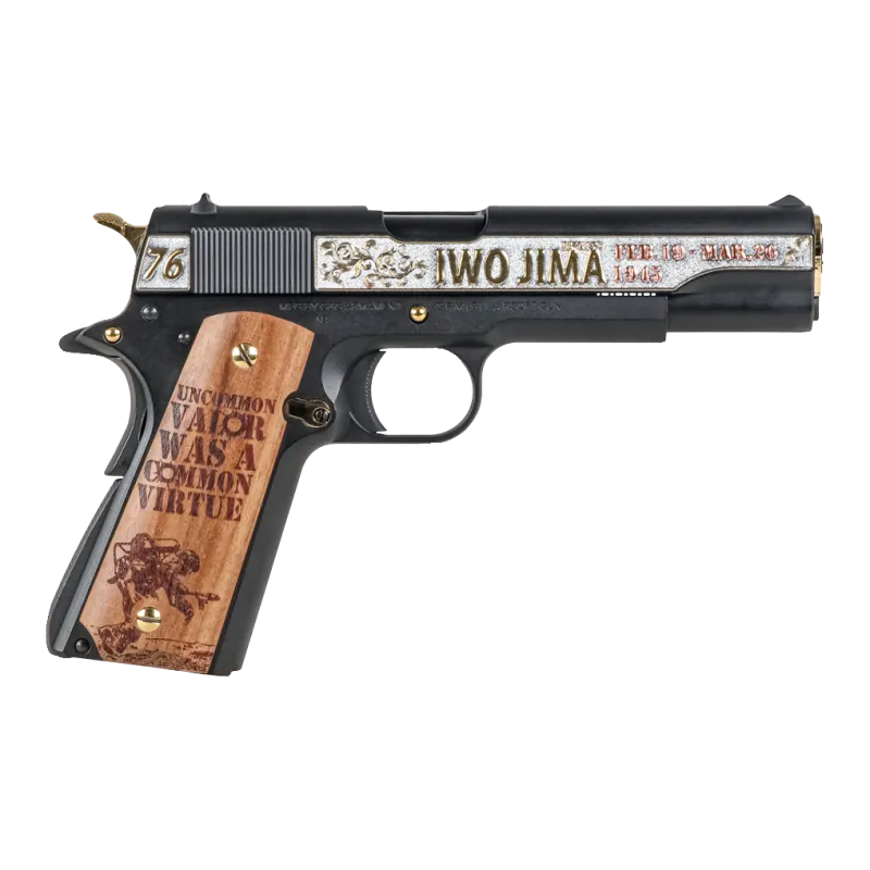 G&G GPM1911 Iwo Jima, profil droit : culasse gravée 76 Iwo Jima, plaquette Nimitz