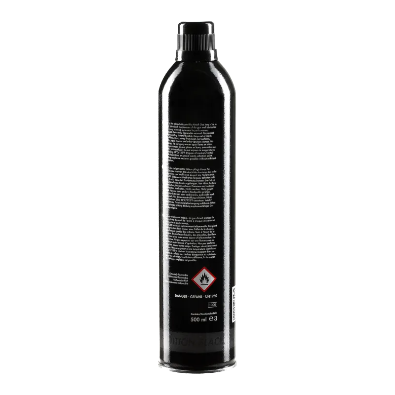 Gaz Nimrod Tactical Black 500 ml, dos de la bouteille : consignes de sécurité et silicone