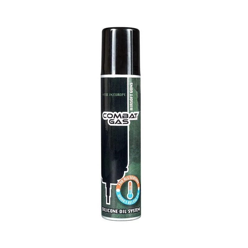 Gaz Combat Gas Evolution International, bouteille noire et vert camouflage, étiquette Silicone Oil System