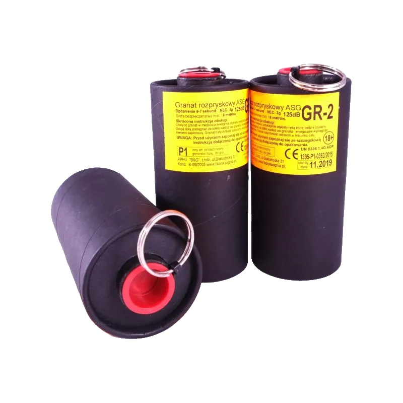 Trois grenades à fragmentation B&G GR-2 à étiquette jaune, dont une couchée montrant la goupille