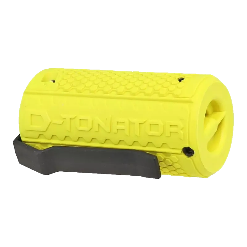 Grenade ASG D-Tonator jaune couchée, marquage en relief et trou de projection des billes
