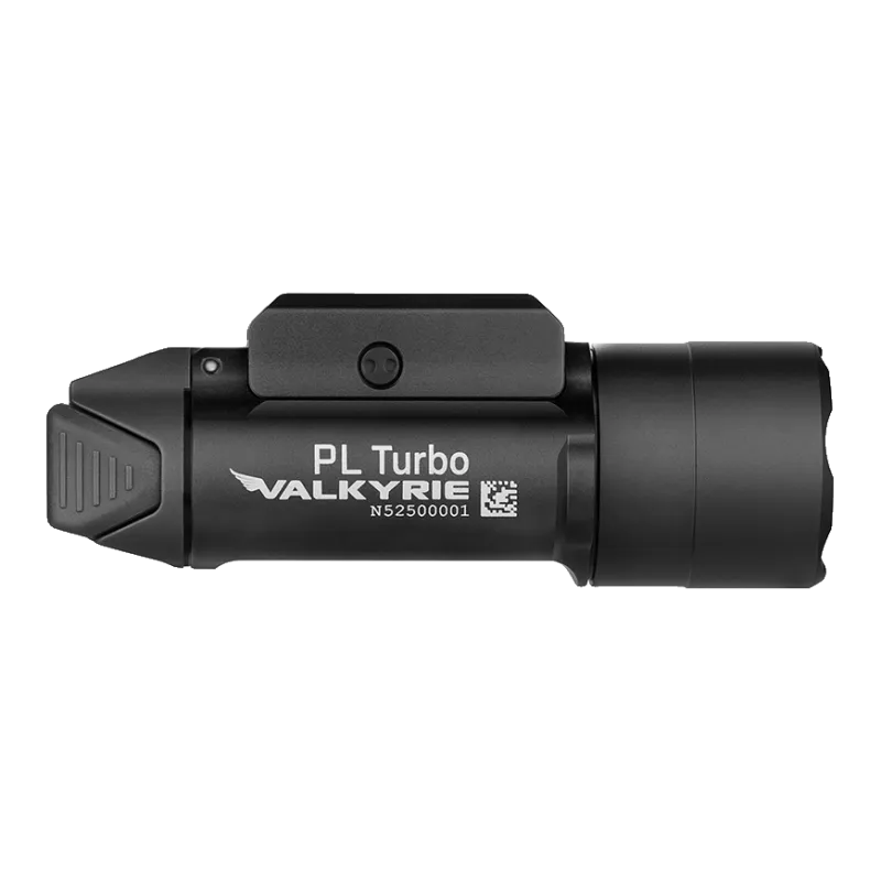 Olight PL Turbo Valkyrie noire vue de profil, marquage PL Turbo Valkyrie
