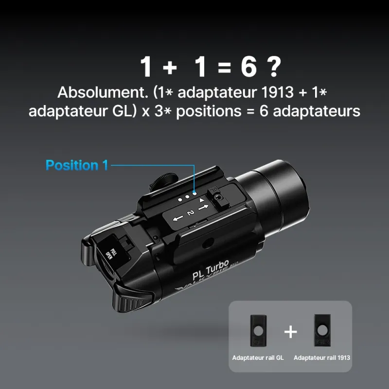 Olight PL Turbo Valkyrie noire : adaptateurs de rail GL et 1913 et positions de montage