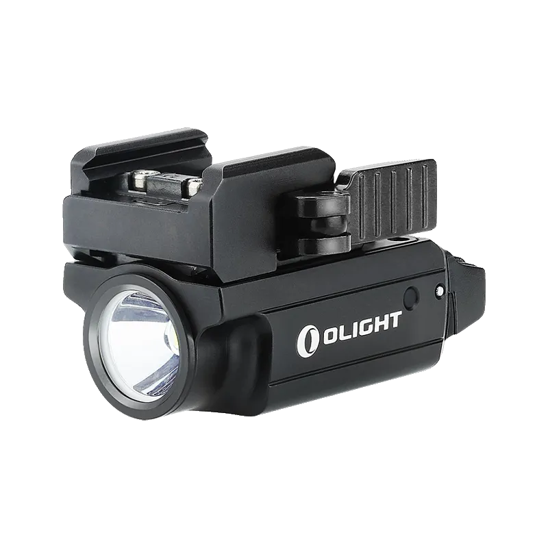 Olight PL Mini 2 Valkyrie noire, vue de trois quarts avant, lentille et levier de fixation