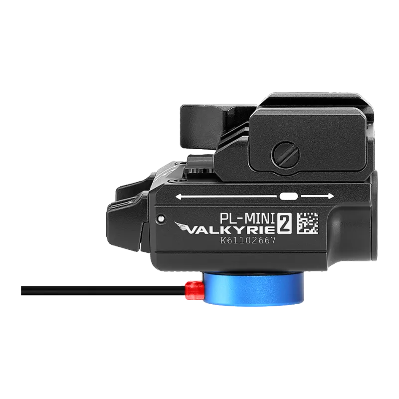 Olight PL Mini 2 Valkyrie noire, profil côté marquage PL-MINI 2 Valkyrie, chargeur magnétique en place