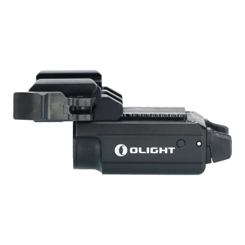 Olight PL Mini 2 Valkyrie noire, vue de profil côté logo, levier de fixation visible