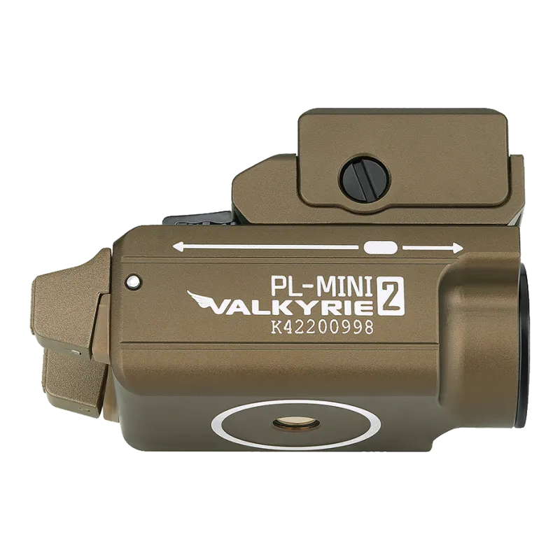 Olight PL Mini 2 Valkyrie tan de profil, marquage PL-Mini 2 Valkyrie et port de charge magnétique
