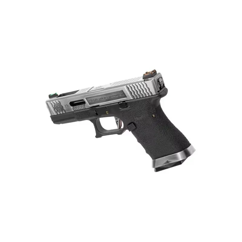 Pistolet GBB WE G-Force 19 culasse argent et carcasse noire, vue de profil gauche
