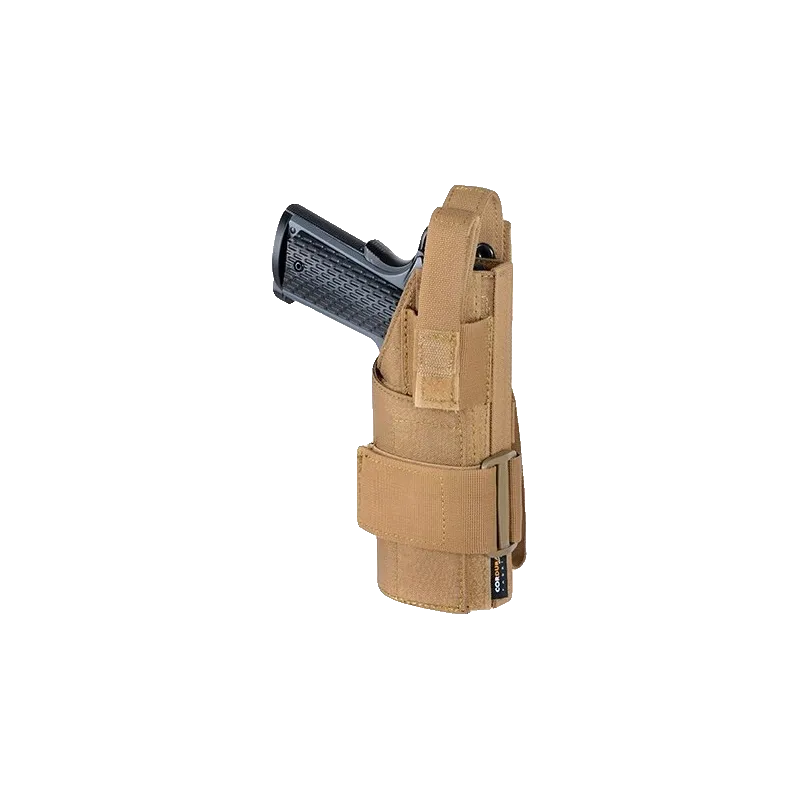 Holster universel MOLLE 8Fields tan avec pistolet, vue de côté avec boucle et étiquette Cordura