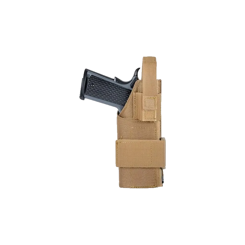 Holster universel MOLLE 8Fields tan avec pistolet en place, vue de face