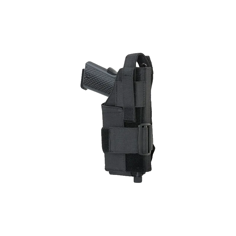 Holster universel MOLLE 8Fields noir avec pistolet en place, vue de côté avec boucle de réglage
