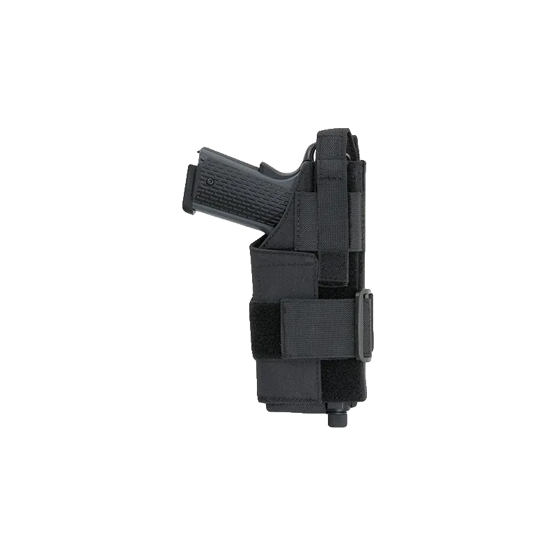 Holster universel MOLLE 8Fields noir avec pistolet en place, vue de face