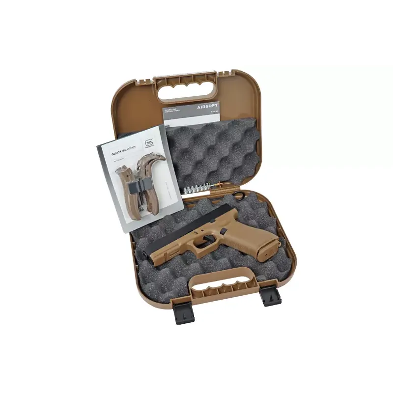 Glock 17 GBB French Edition tan dans sa mallette ouverte, contenu du pack