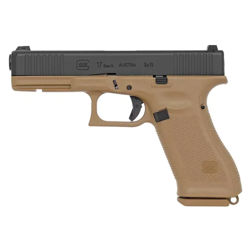 Pistolet GBB Glock 17 Gen 5 French Edition tan, profil gauche avec marquage de culasse