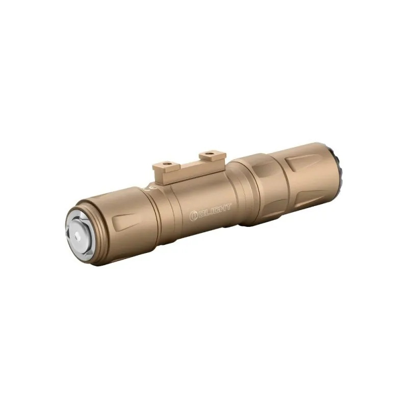 Olight Odin S tan sans fixation, vue arrière de trois quarts avec bouton