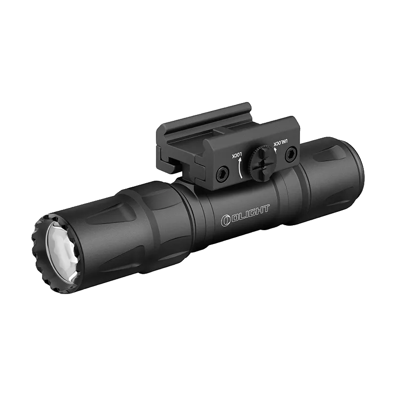 Olight Odin S noire de trois quarts avant, fixation Picatinny LOCK / UNLOCK