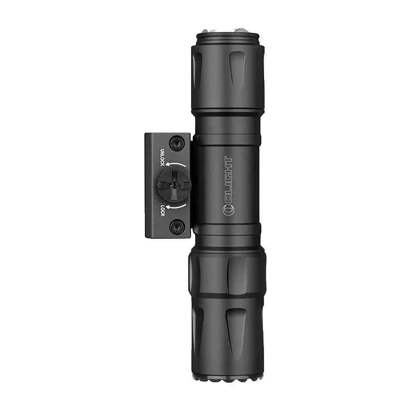 Olight Odin S noire vue de côté, molette LOCK / UNLOCK de la fixation Picatinny