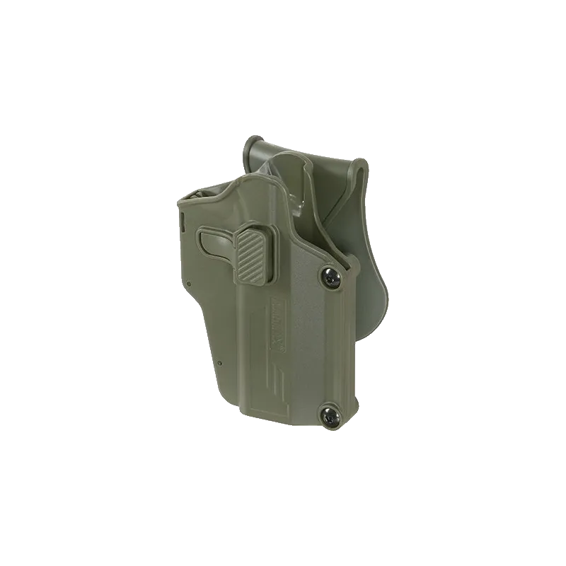Holster universel Amomax Per-Fit olive, vue de trois quarts côté bouton