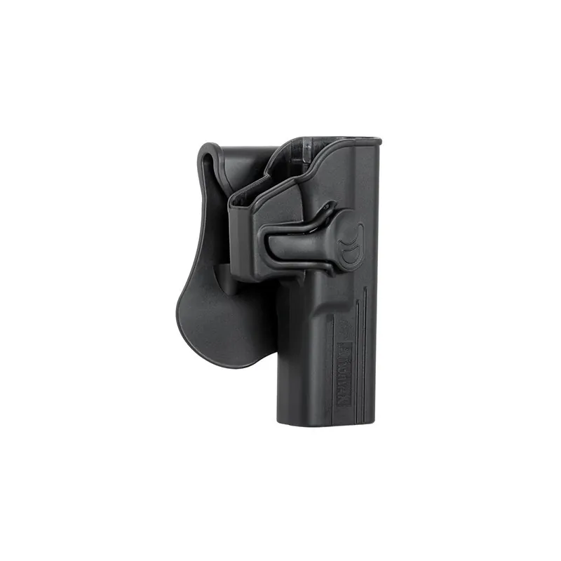 Holster Amomax Clone Series noir pour Glock, vue de trois quarts côté levier