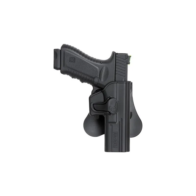 Holster Amomax Clone Series noir avec pistolet type Glock en place, vue de face