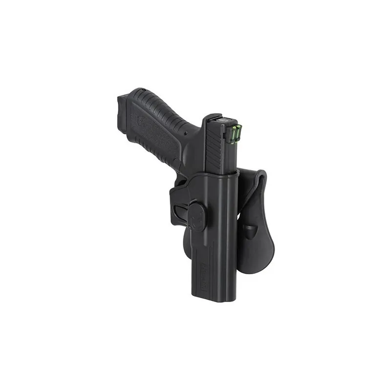 Holster Amomax Clone Series noir avec pistolet type Glock en place, vue de trois quarts