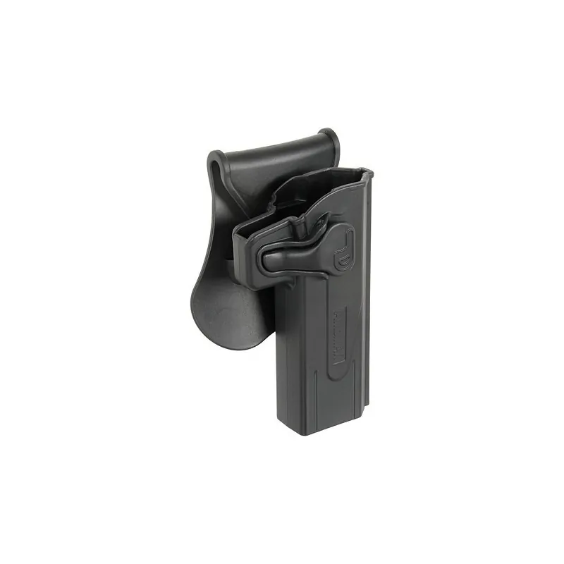 Holster Amomax Gen2 noir pour Hi-Capa, vue de trois quarts côté levier