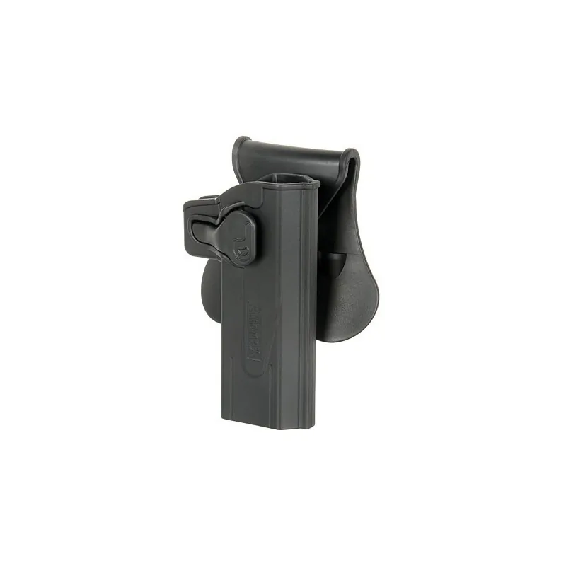 Holster Amomax Gen2 noir pour Hi-Capa, vue de trois quarts avant