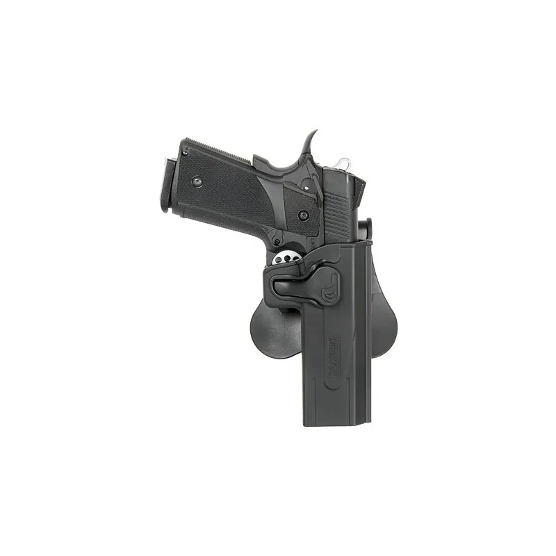 Holster Amomax Gen2 noir avec pistolet Hi-Capa en place, vue de face