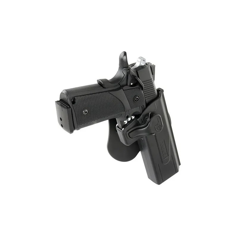 Holster Amomax Gen2 noir avec pistolet en place, vue plongeante