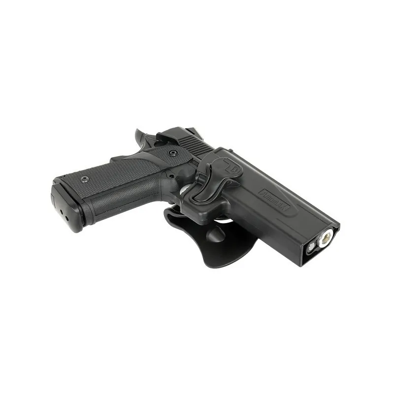 Holster Amomax Gen2 noir avec pistolet en place, vue couchée de trois quarts