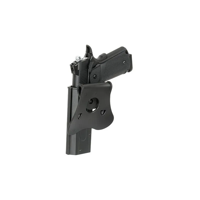 Holster Amomax Gen2 noir avec pistolet en place, vue de dos avec palette
