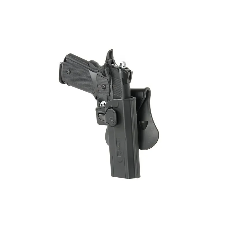 Holster Amomax Gen2 noir avec pistolet Hi-Capa en place, vue de trois quarts