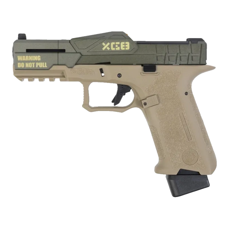 Pistolet GBB Poseidon CSI XO-P1 tan et vert, vue de profil droit avec marquage XO