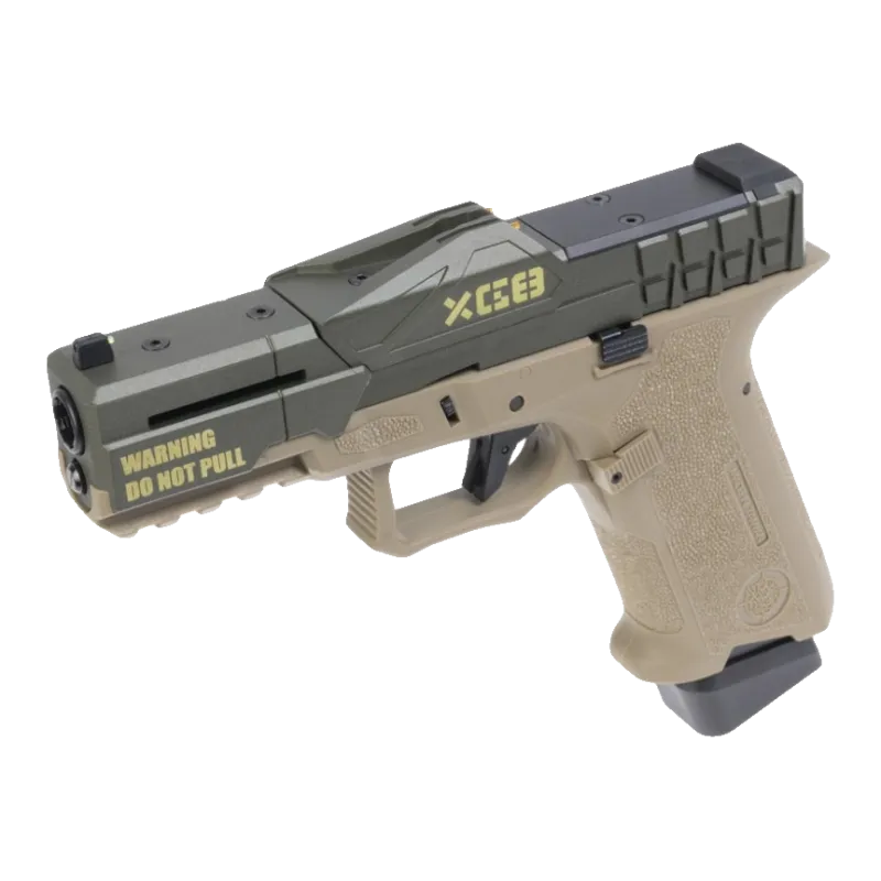 Pistolet GBB Poseidon CSI XO-P1 tan et vert, vue de trois quarts avant droit