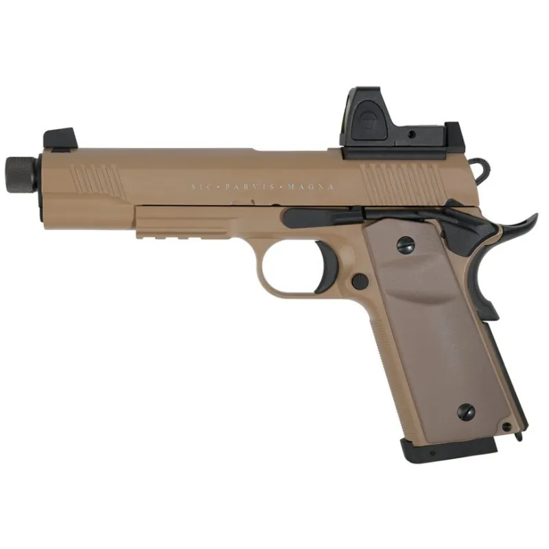 Pistolet Secutor Rudis VII Magna tan vue de profil gauche marquage Sic Parvis Magna