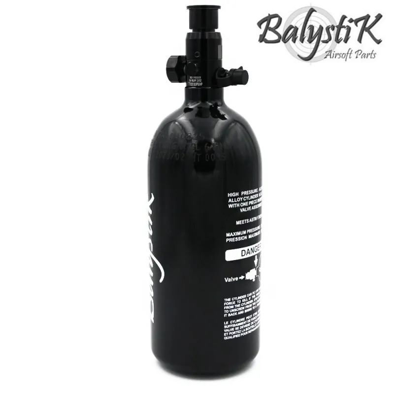Bouteille HPA alu BALYSTIK 0.8L, vue de côté avec étiquette de sécurité