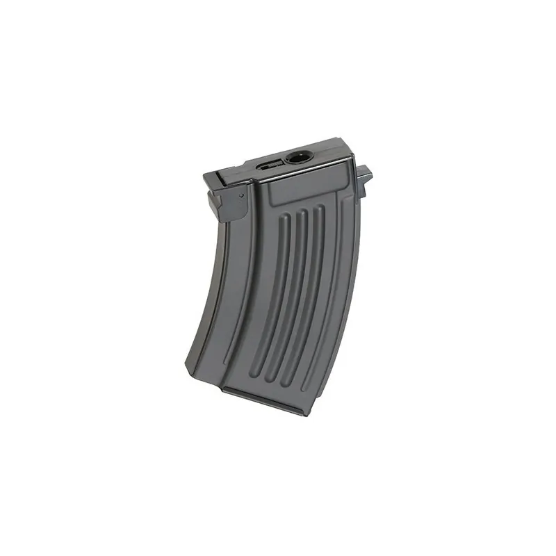 Chargeur court Double Bell pour AK, vue de trois quarts avec sortie des billes