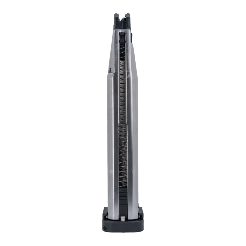 Chargeur CO2 long ASG Pit Viper 30 billes, vue de face avec ressort et lèvre