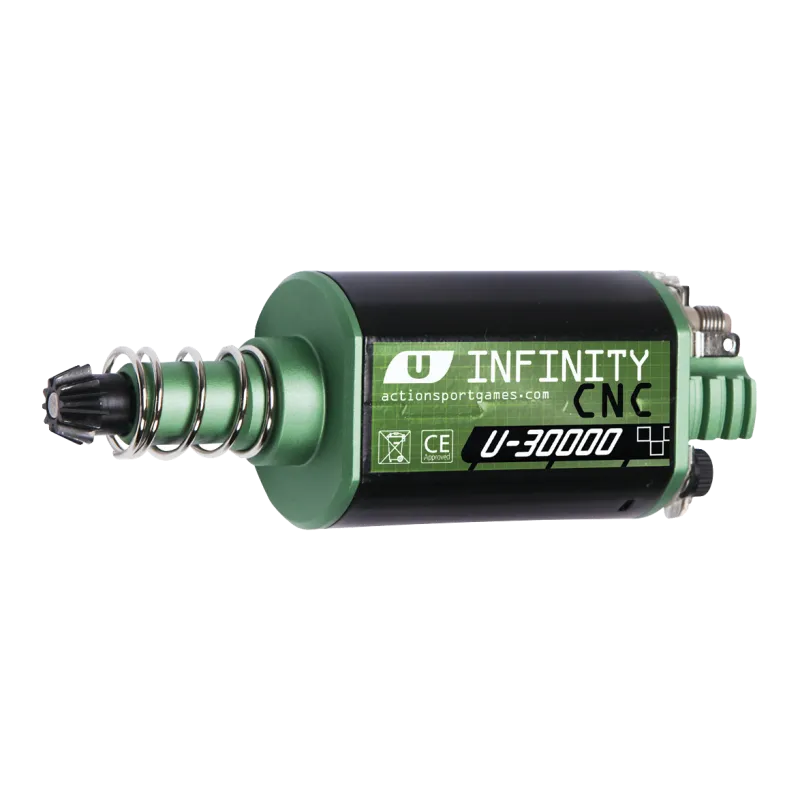 Moteur ASG Ultimate Infinity CNC U-30000 axe long, vue de trois quarts côté pignon