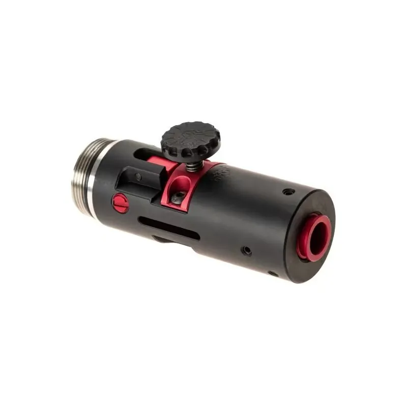 Bloc hop-up KPP noir et rouge avec TDC pour VSR-10, vue trois-quarts côté sortie du canon