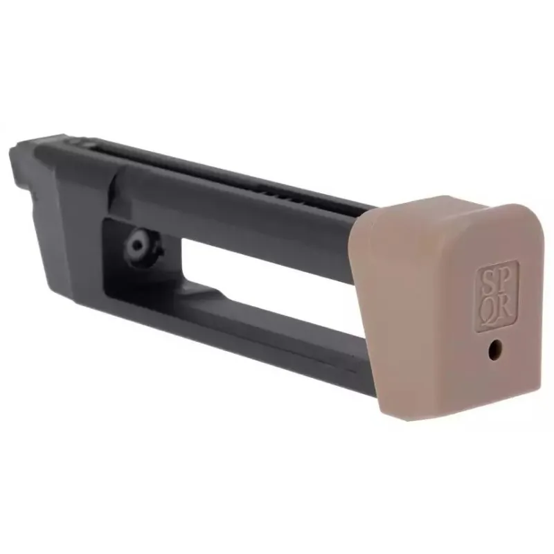 Chargeur CO2 Secutor Gladius Magna 23 billes tan, talon marqué SPQR, vue trois quarts