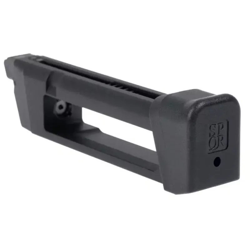 Chargeur CO2 Secutor Gladius Magna 23 billes noir, talon marqué SPQR, vue trois quarts