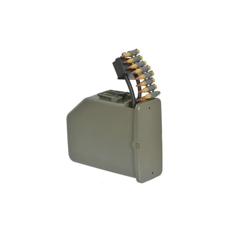 Chargeur A&K M249 6000 billes OD, vue arrière avec bande de cartouches factices