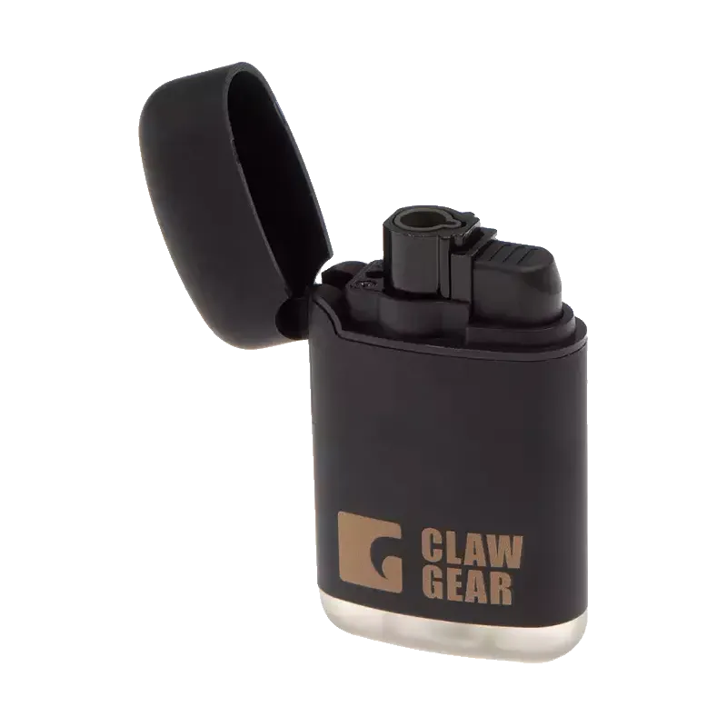 Briquet Clawgear Mk.II noir capot ouvert, brûleur à flamme jet visible