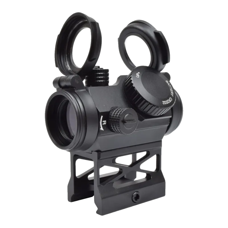 Viseur point rouge JS-Tactical sur rehausse ajourée en X, côté capuchon de pile CR2032 et tourelle de dérive