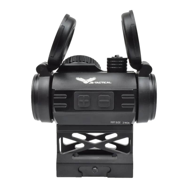 Viseur point rouge JS-Tactical, profil côté logo et boutons de luminosité, rehausse découpée en X