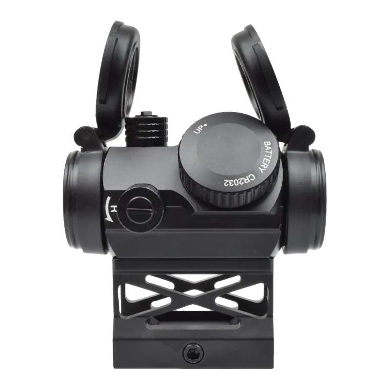 Viseur point rouge JS-Tactical, profil côté pile CR2032 et tourelle de dérive, rehausse découpée en X