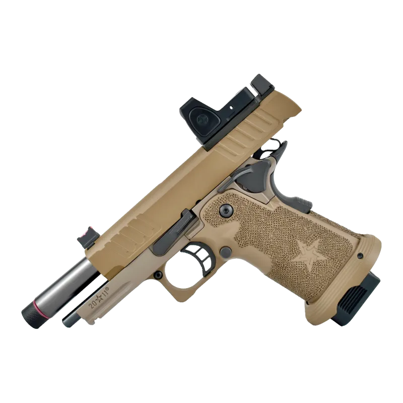 Pistolet GBB Staccato C2 Army Armament tan, vue de trois quarts culasse ouverte