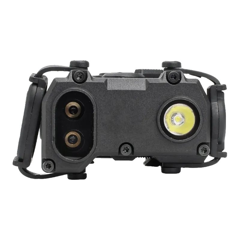 Boîtier OGL WADSN noir, vue de face des lentilles laser et de la lampe LED