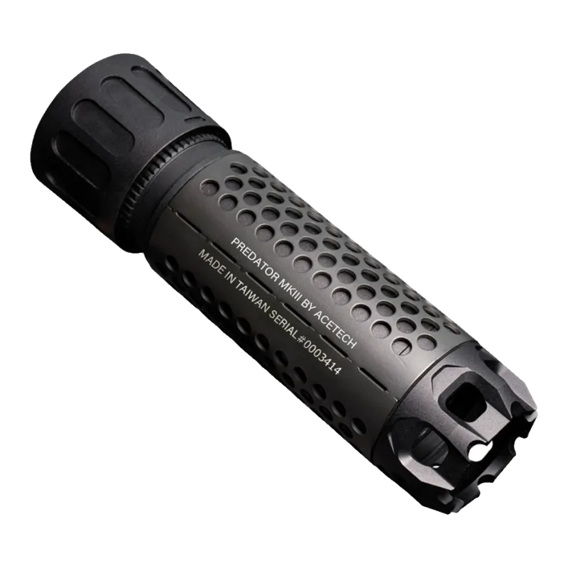 Silencieux traceur Acetech Predator MKIII noir, vue de trois quarts côté bouche
